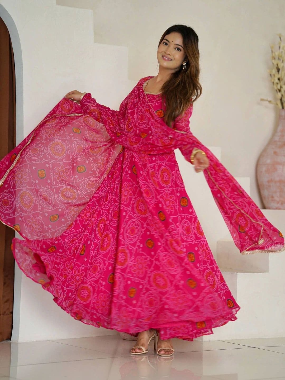 VASTRABELLA Women Bandhani Printed Tiered Silk Chiffon Kurta with Palazzos & With Dupatta thumbnail 6