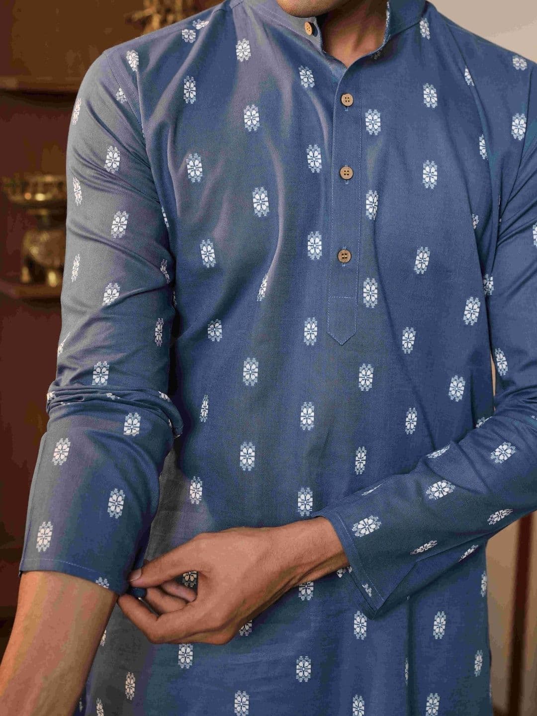 Anouk Men's Blue Self-Design Cotton Straight Kurta thumbnail 6