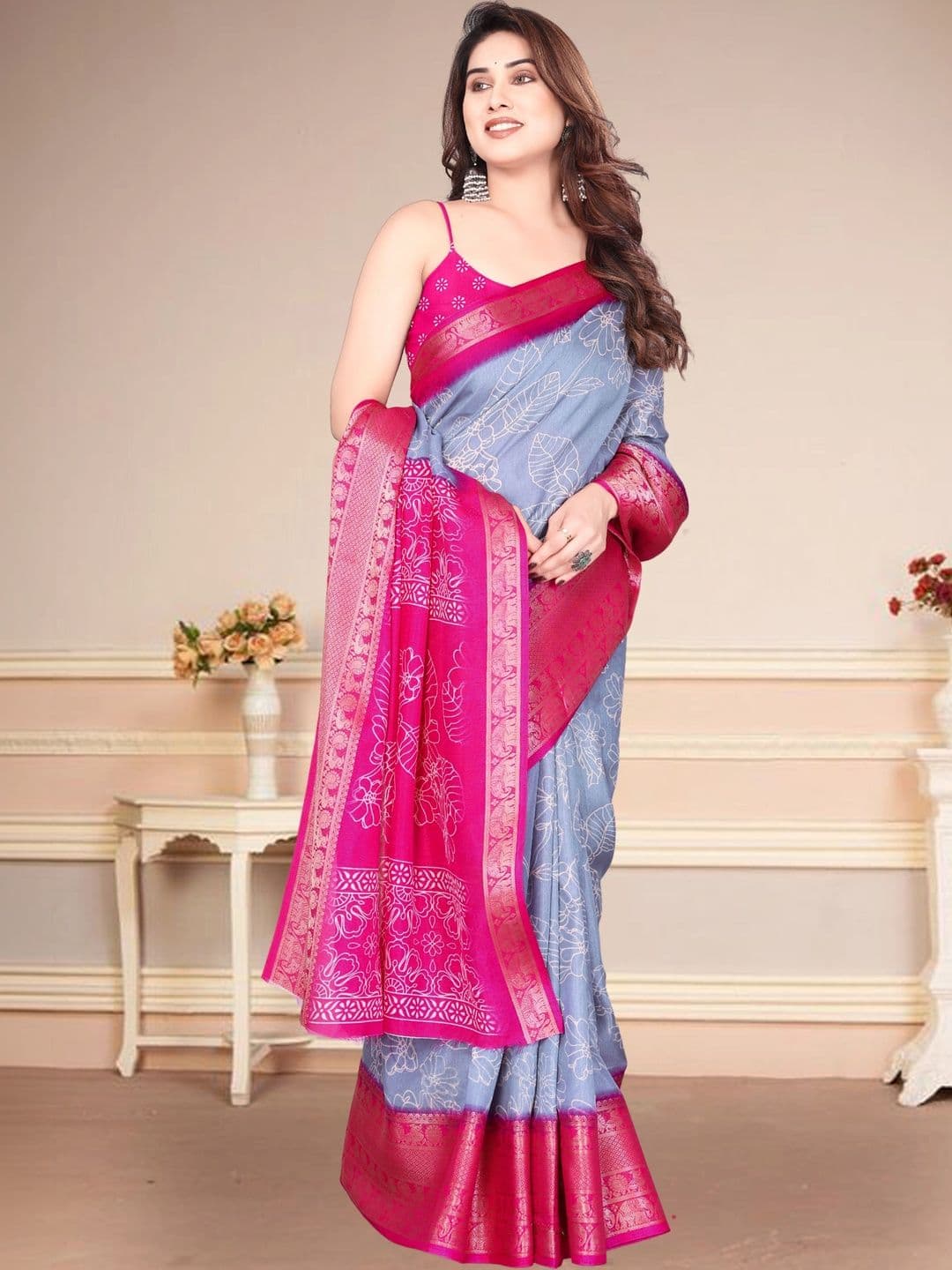 Owee Floral Silk Blend Designer Saree - view 1