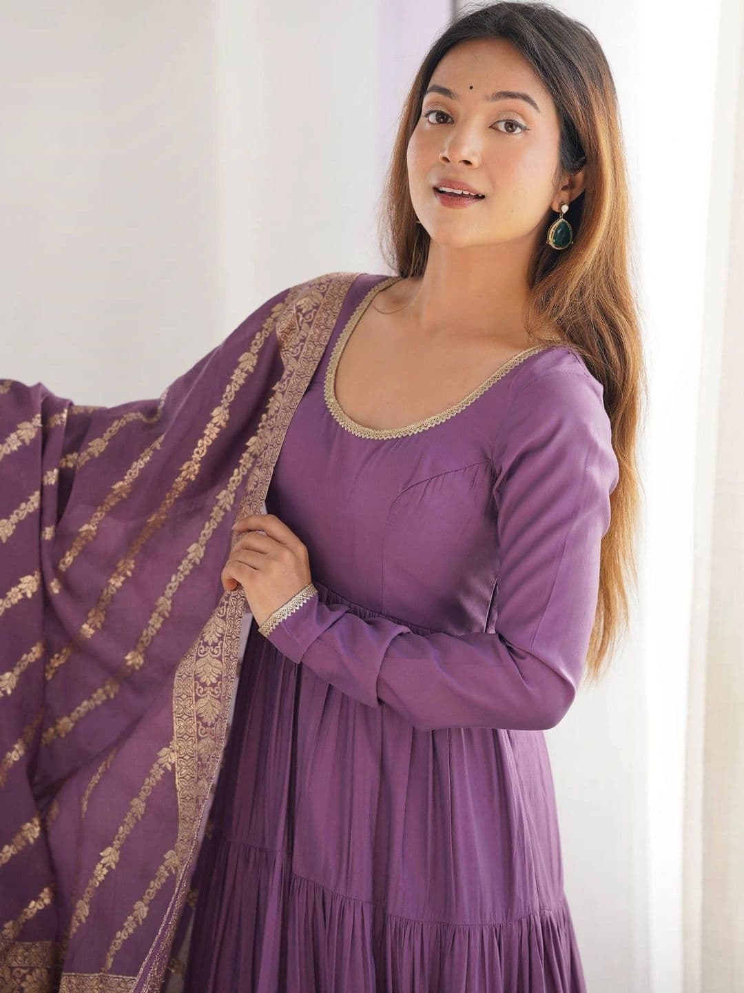 VASTRABELLA Women Tiered Chanderi Silk Kurta with Trousers & With Dupatta thumbnail 6