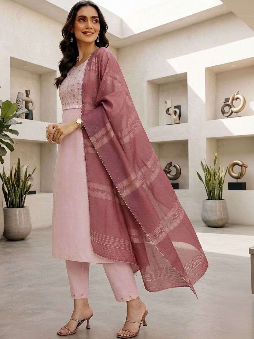 DIVASTRI Women Ethnic Motifs Embroidered Regular Thread Work Chanderi Cotton Kurta with Trousers & With thumbnail 5