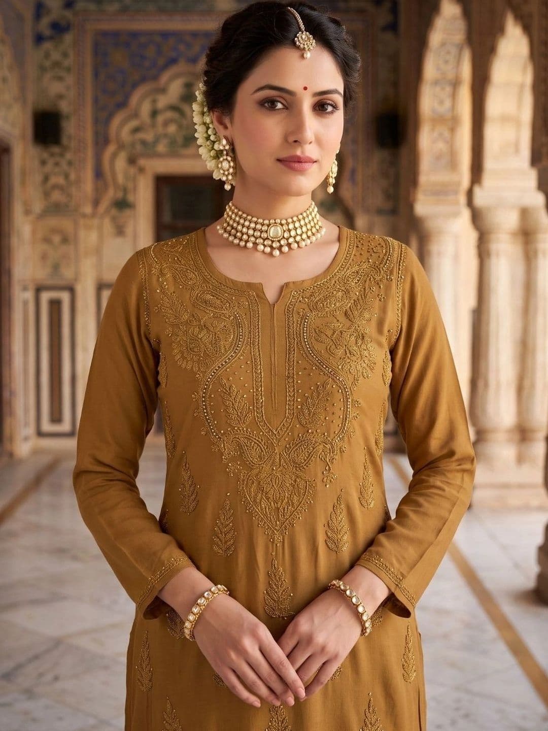 Fashion Chikan Art Women Ethnic Motifs Embroidered Regular Thread Work Kurta with Palazzos thumbnail 5