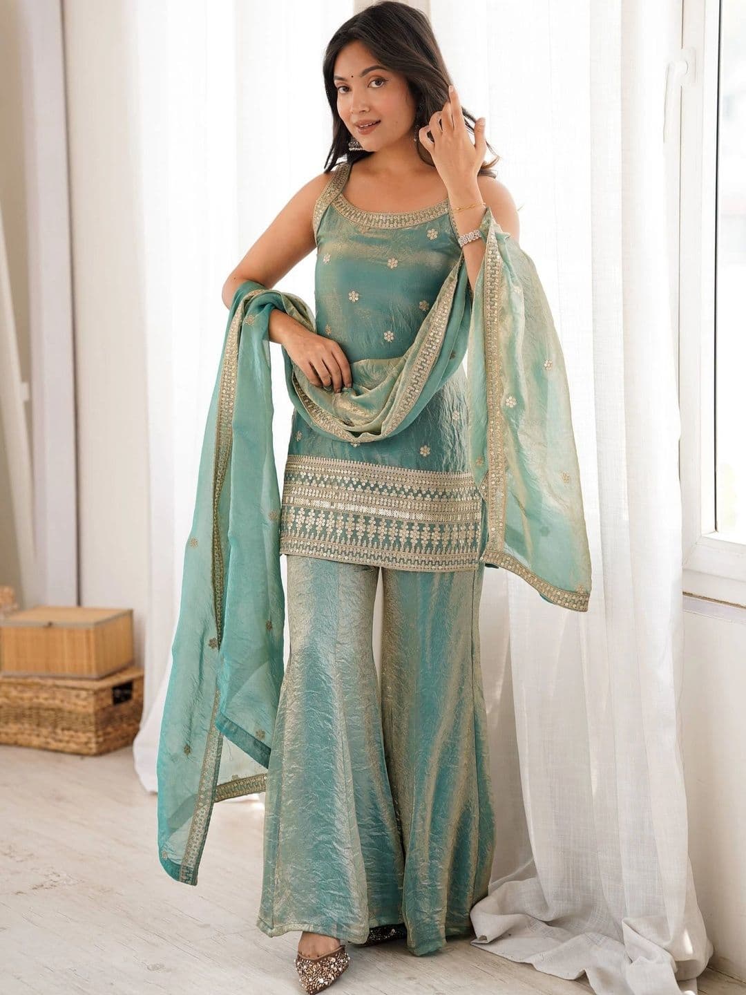 VASTRABELLA Women Ethnic Motifs Embroidered Regular Kurta with Sharara & With Dupatta thumbnail 6