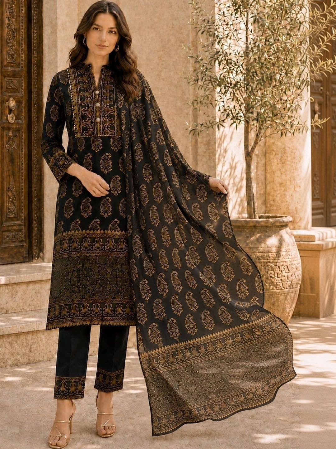 JAIPUR HAND BLOCK Women Paisley Printed Regular Pure Cotton Kurta with Trousers & With Dupatta - view 1