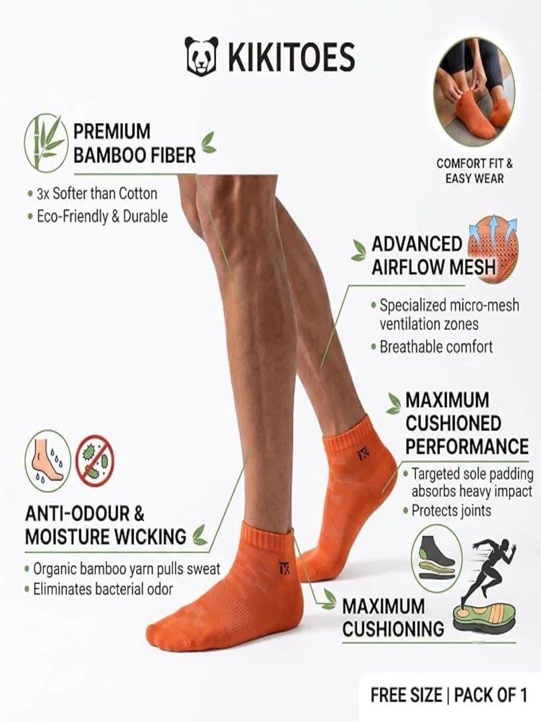 Kikitoes Men Pack of 3 Orange Bamboo Ankle Socks thumbnail 4