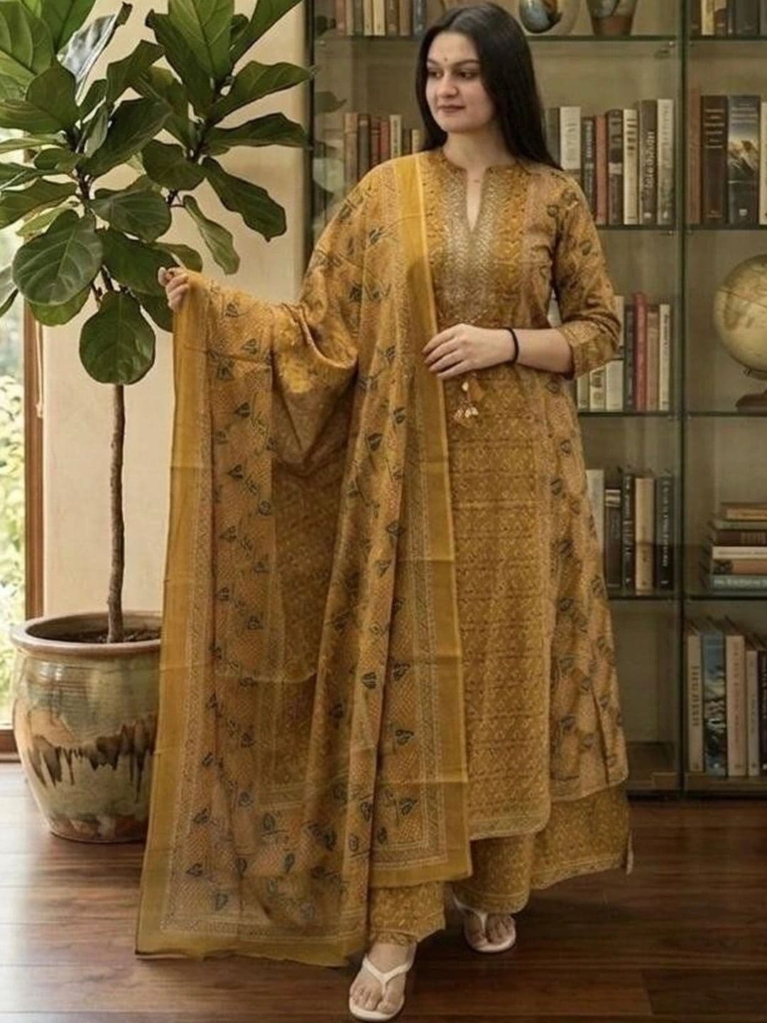 MILAAV Women Ethnic Motifs Printed Regular Thread Work Pure Cotton Kurta with Palazzos & With Dupatta - view 1