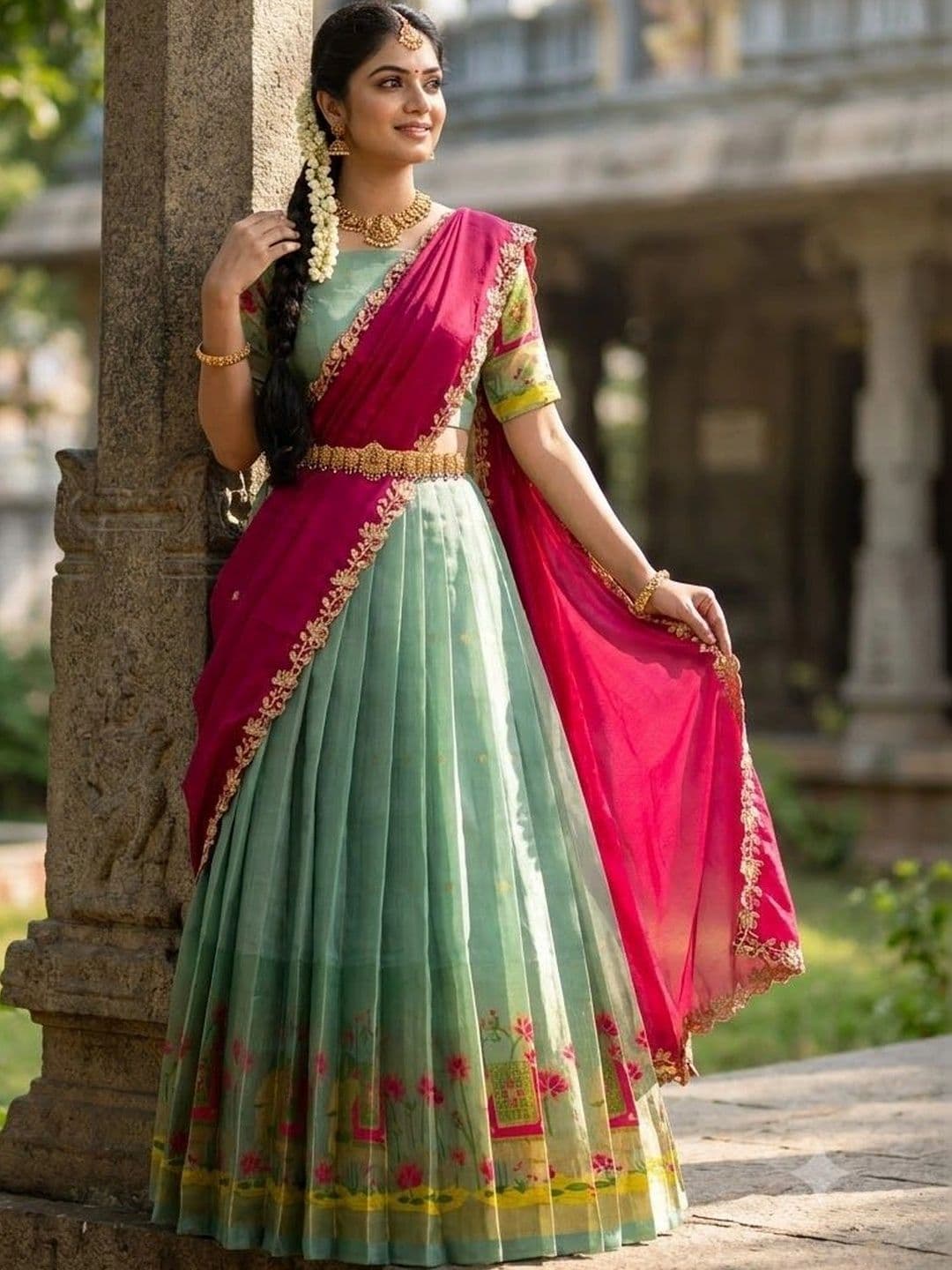 Pink Bindi Printed Semi-Stitched Lehenga & Unstitched Blouse With Dupatta thumbnail 5