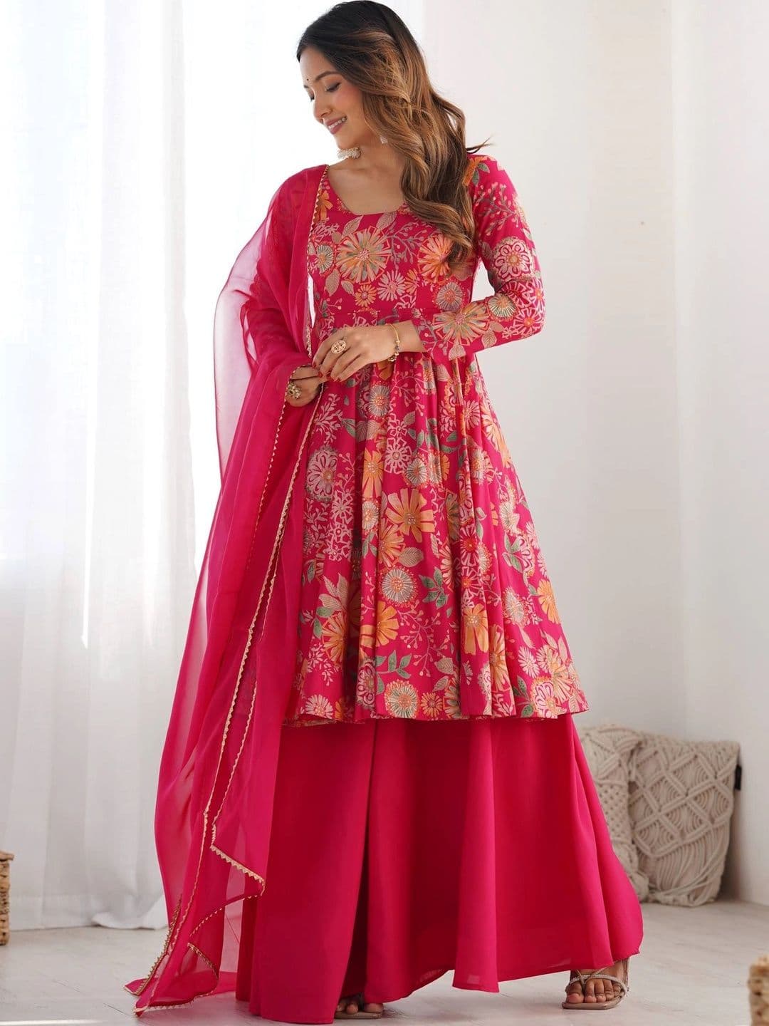 VASTRABELLA Women Floral Printed Regular Chanderi Silk Kurta with Palazzos & With Dupatta - view 1