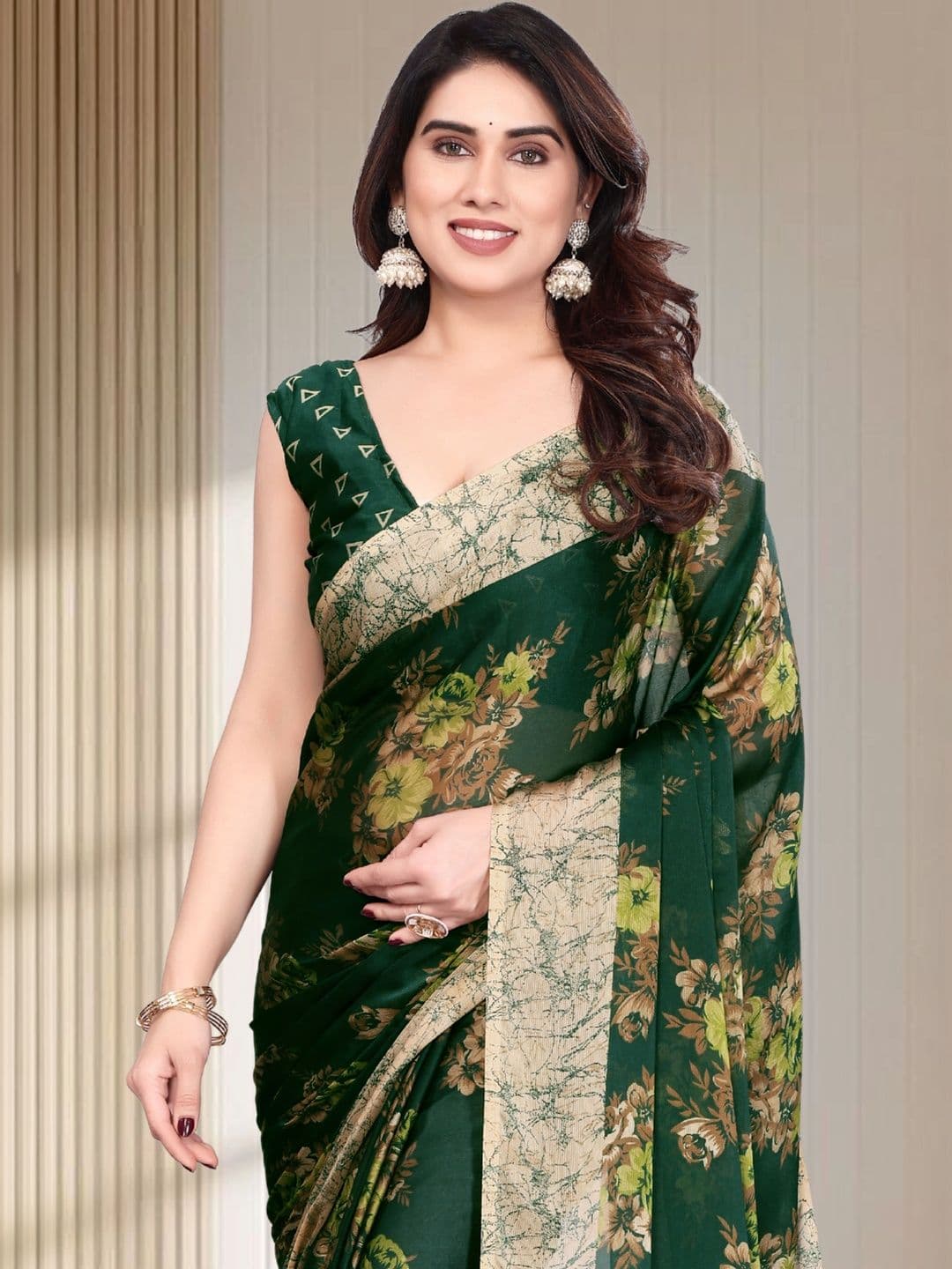 Owee Floral Pure Chiffon Fusion Saree thumbnail 5
