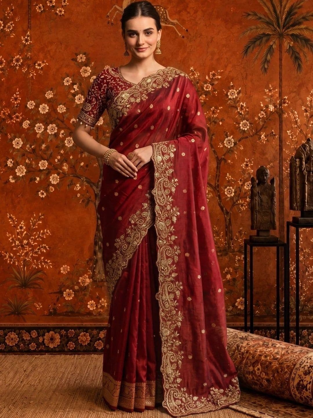 Sangria Embellished Zari Satin Saree thumbnail 4