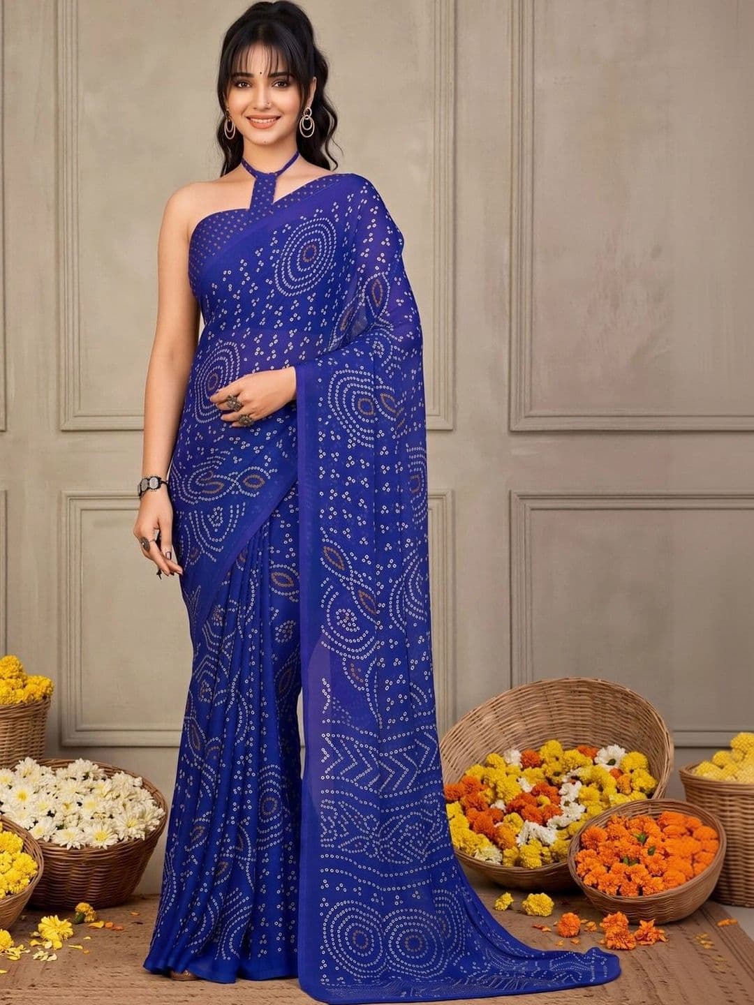 KALINI Bandhani Poly Chiffon Designer Bandhani Saree - view 1