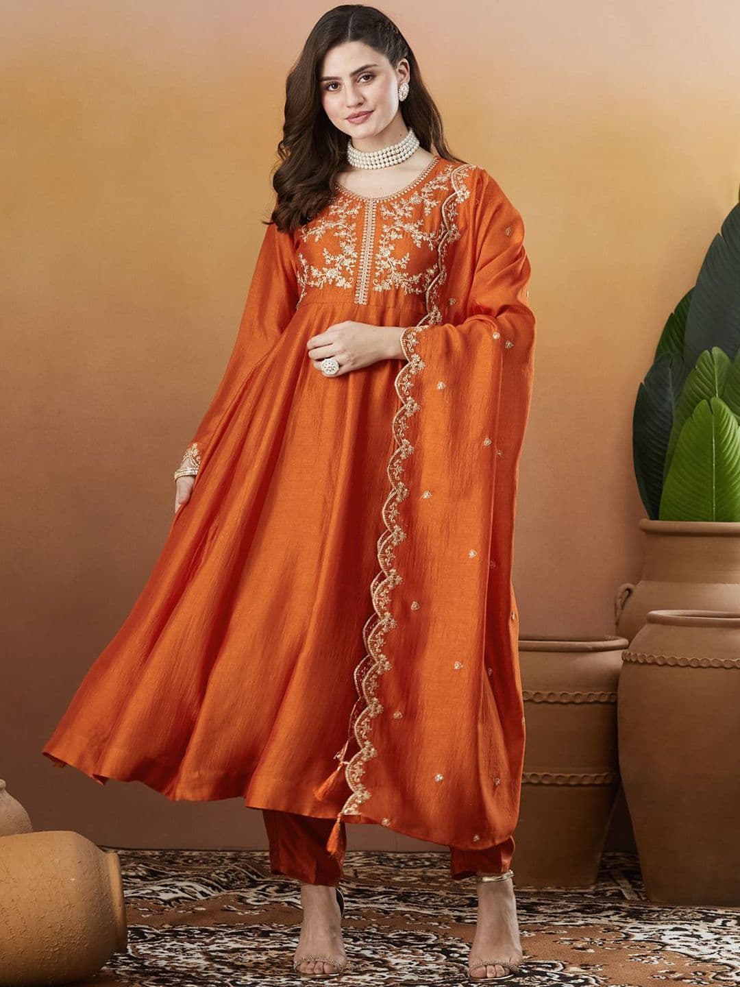 Colors  of Earth Colors of Earth Silk Embroidered Anarkali Kurta And Pant With Dupatta thumbnail 2