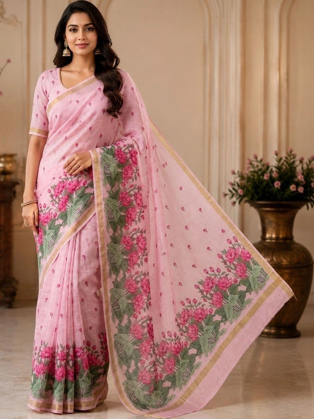 NEPYUN COLLECTION Floral Pure Linen Handloom Saree - view 1