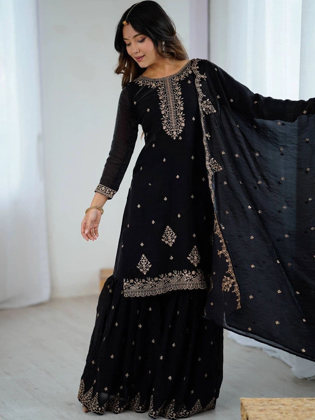 VASTRABELLA Women Ethnic Motifs Embroidered Regular Kurta with Sharara & With Dupatta - view 1