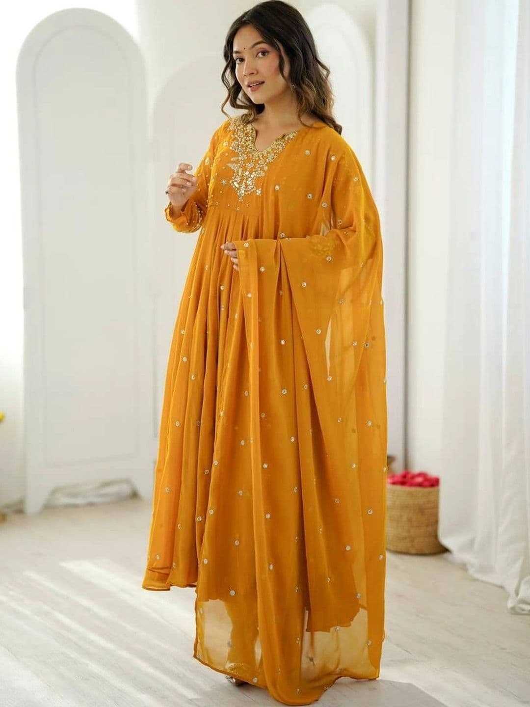 VASTRABELLA Women Embroidered Empire Mirror Work Silk Georgette Kurta with Palazzos & With Dupatta thumbnail 6