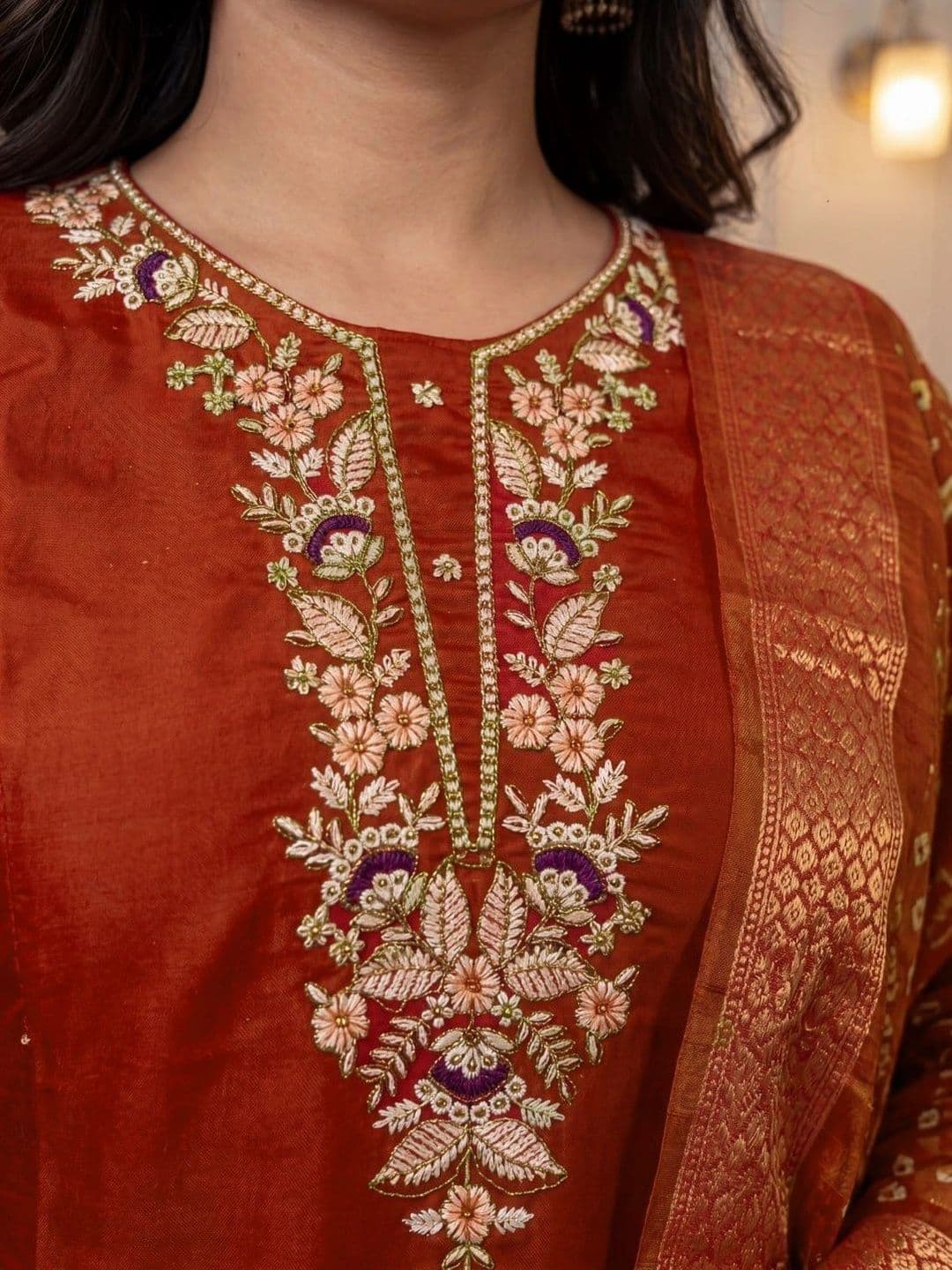 FIC FUSION CULTURE Women Ethnic Motifs Embroidered Regular Thread Work Kurta with Trousers & With Dupatta thumbnail 3
