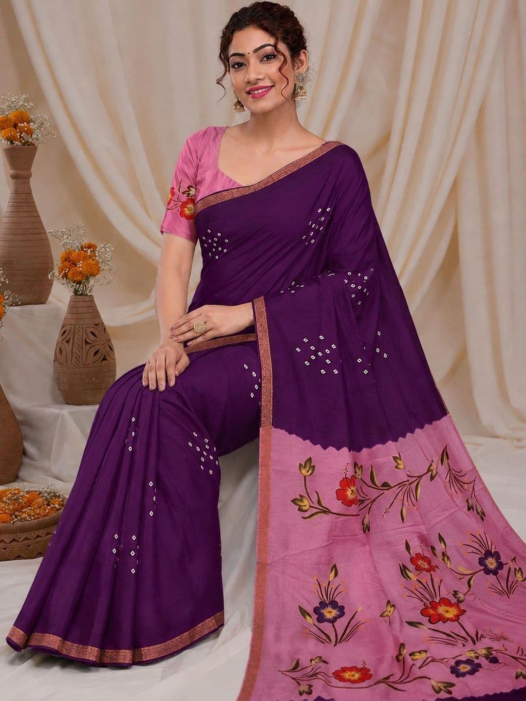RegalDrapes Floral Embroidered Bandhani Saree thumbnail 2