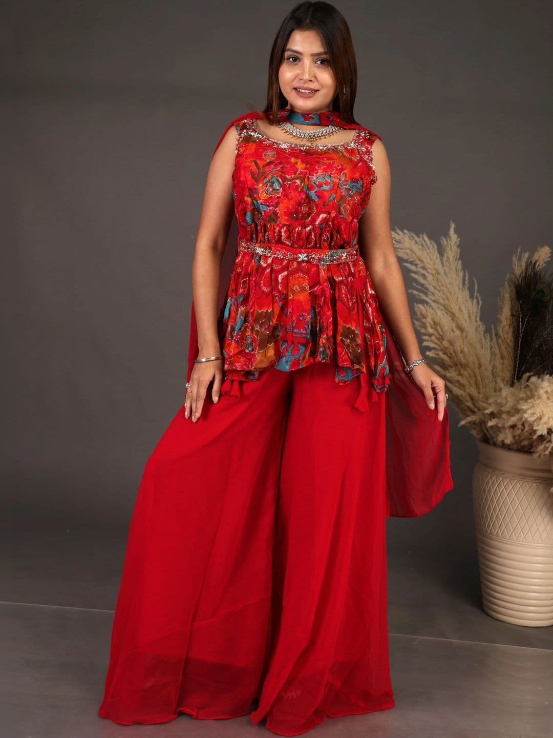 JASON XTREME Women Floral Printed Tiered Sequinned Kurti with Palazzos & With Dupatta - view 1