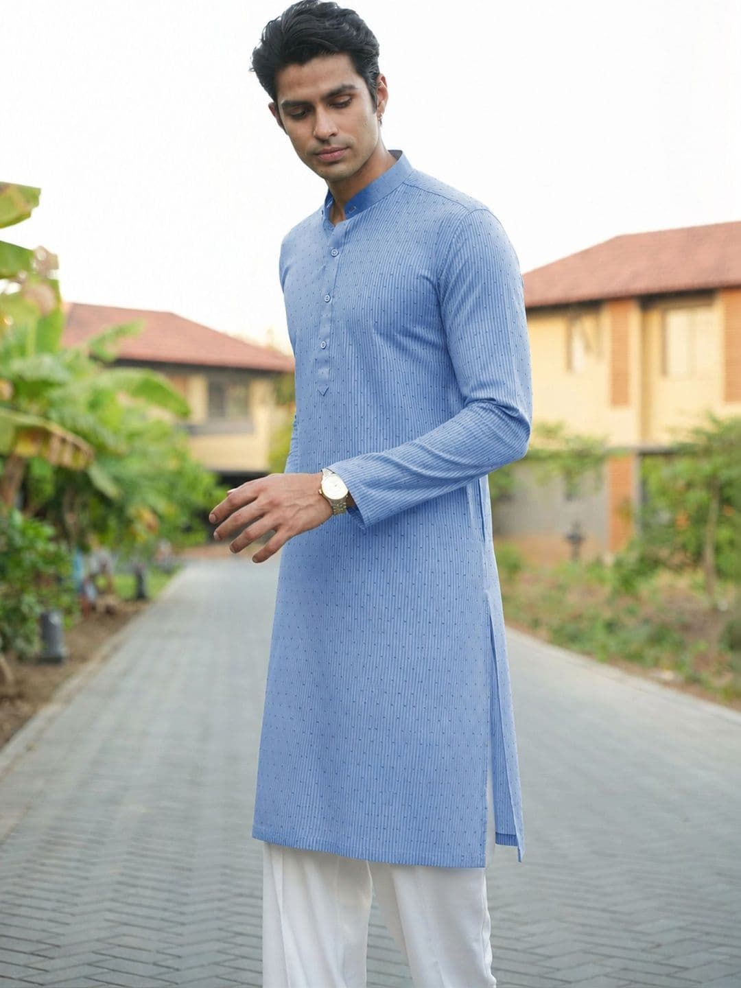 Anouk Men's Blue Self-Design Cotton Straight Kurta thumbnail 2