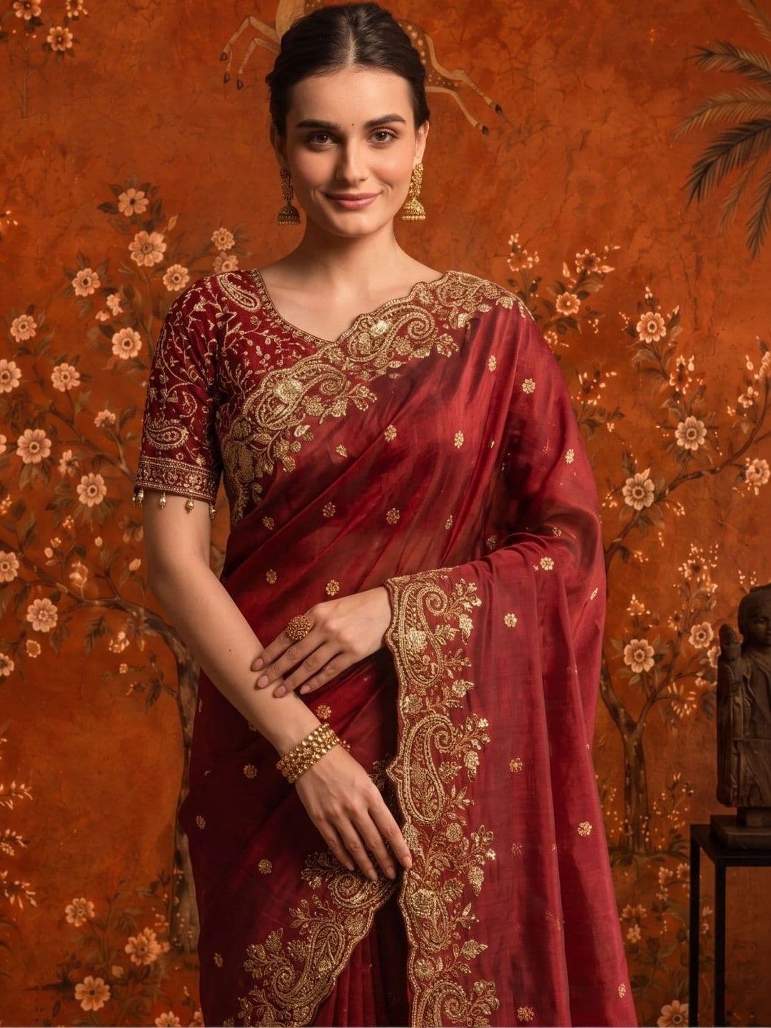 Sangria Embellished Zari Satin Saree - view 1