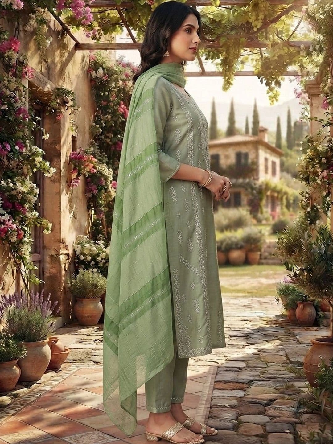 Mitera Women Regular Thread Work Chanderi Cotton Kurta with Trousers & With Dupatta thumbnail 6
