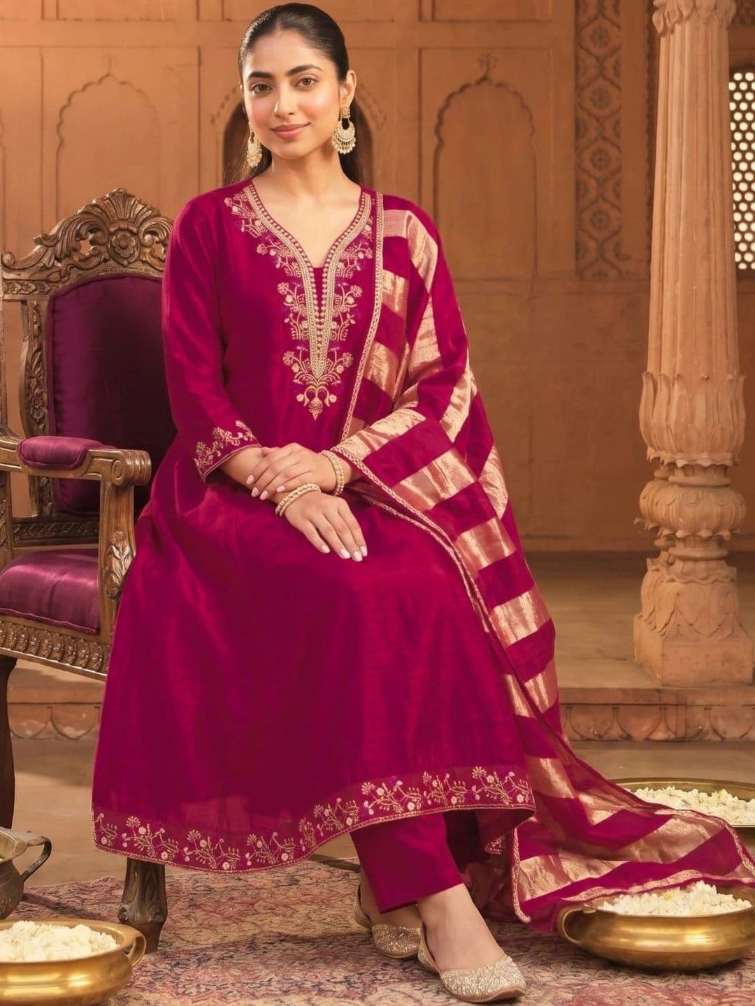 SMITSAREE Women Ethnic Motifs Embroidered Regular Kurta with Trousers & With Dupatta thumbnail 2