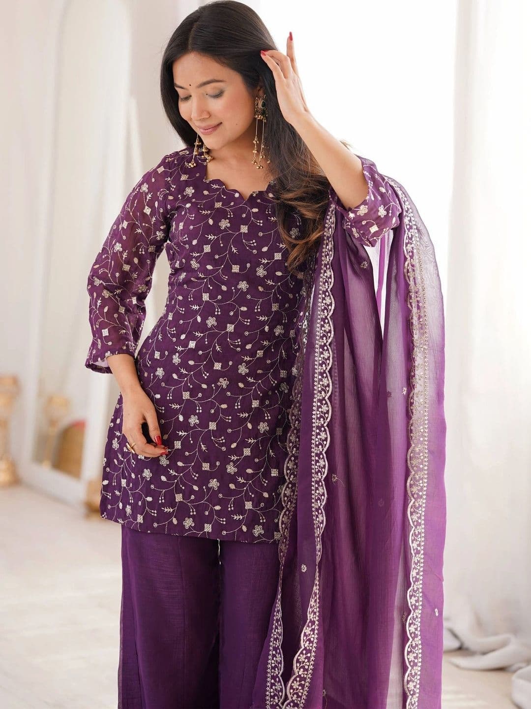 VASTRABELLA Women Ethnic Motifs Embroidered Regular Thread Work Kurta with Palazzos & With Dupatta thumbnail 2