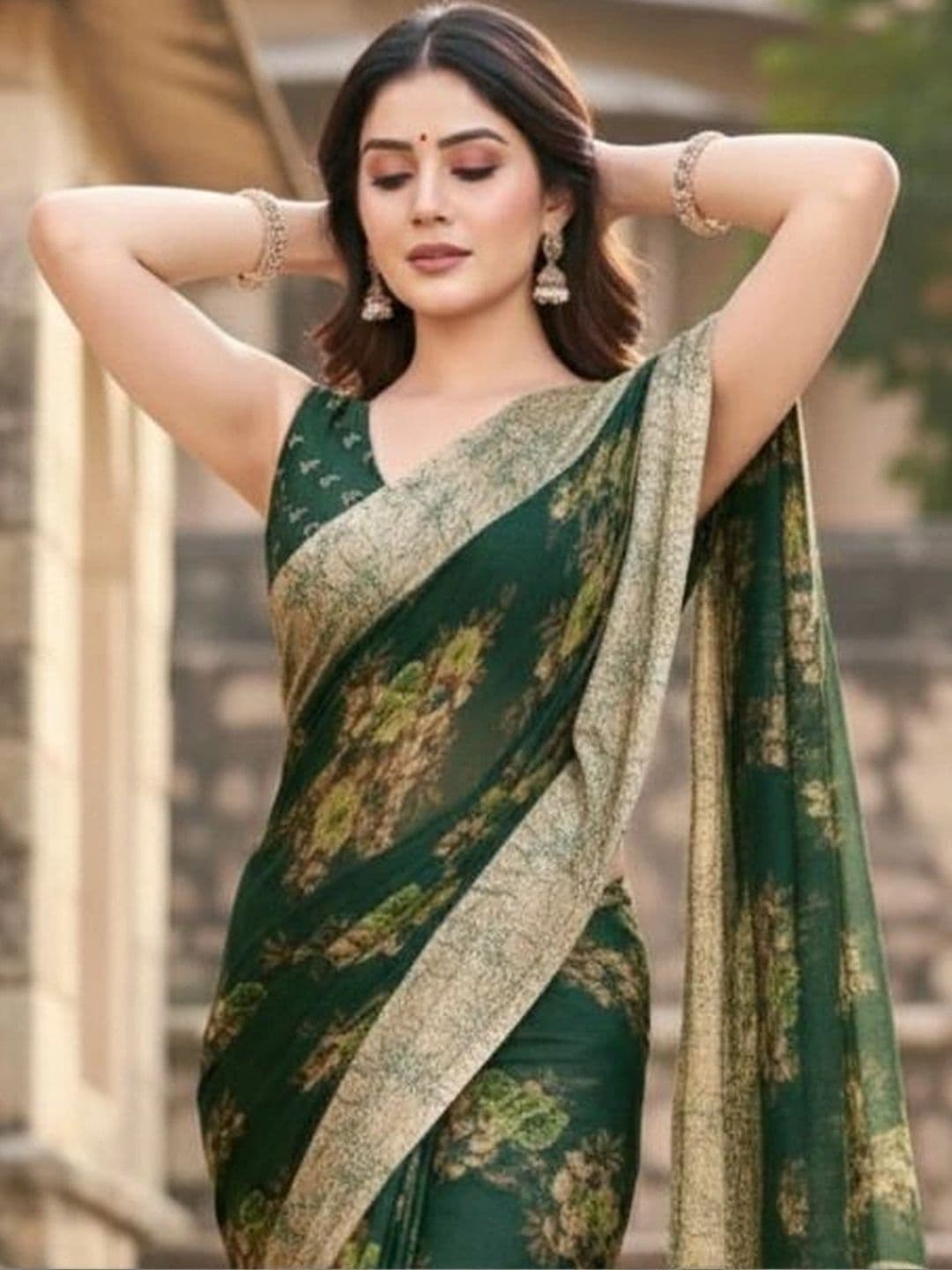 Owee Floral Pure Chiffon Fusion Saree thumbnail 2