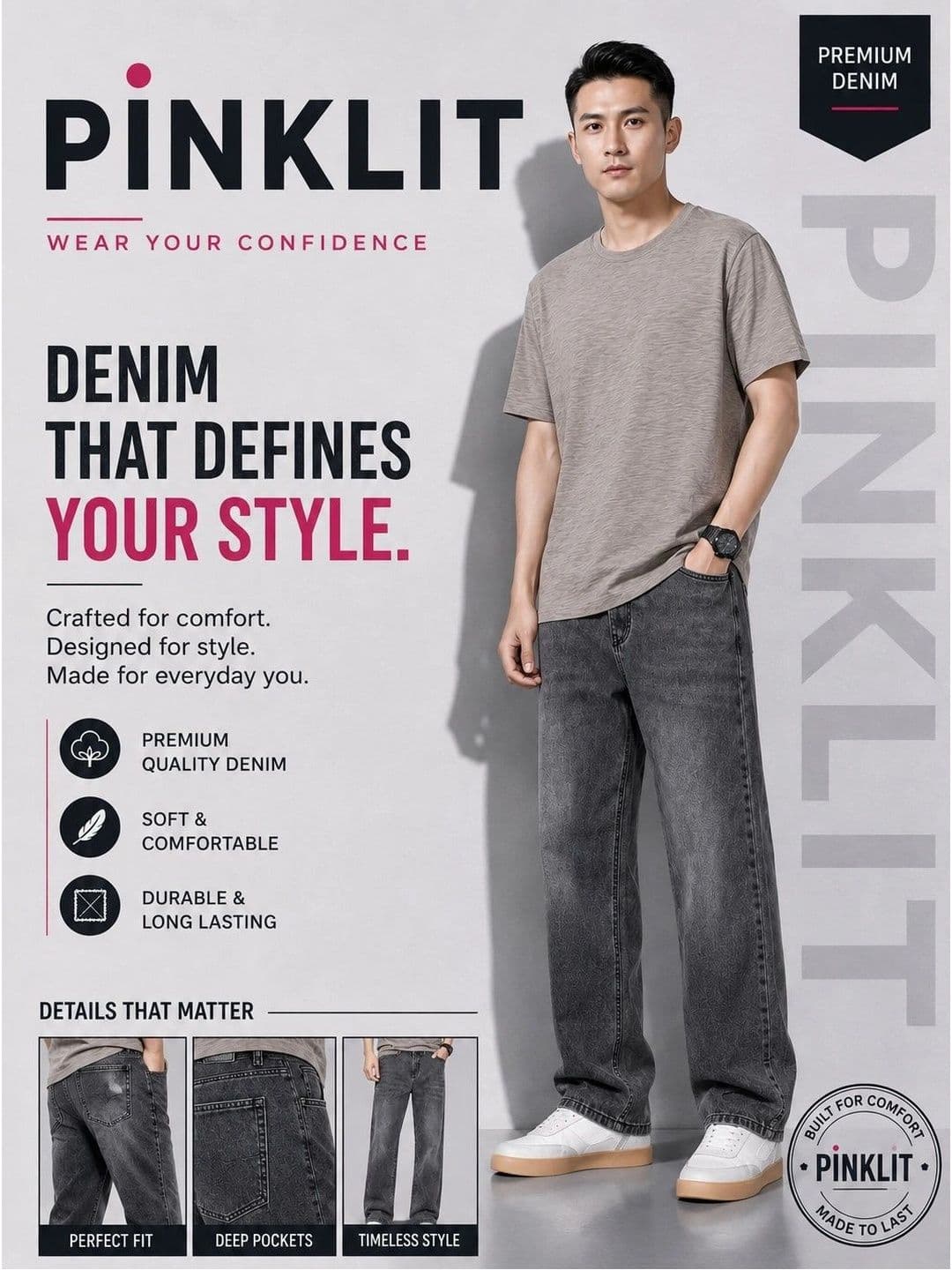 PINKLIT Men Straight Fit Mid-Rise Light Fade Jeans thumbnail 6