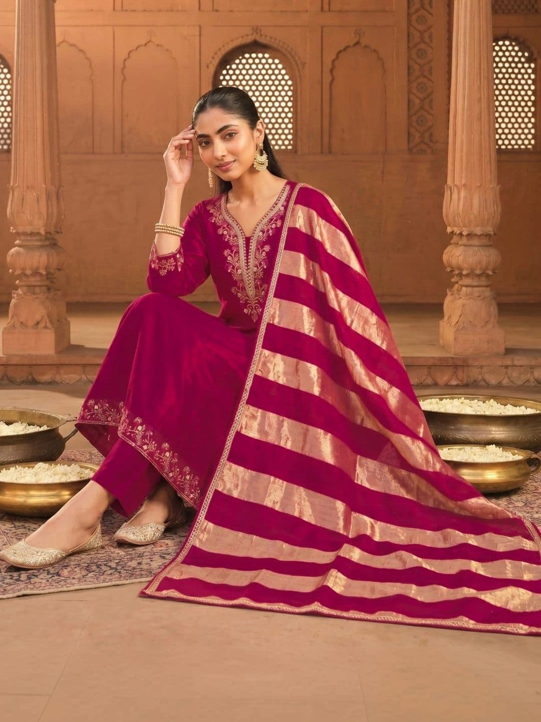 SMITSAREE Women Ethnic Motifs Embroidered Regular Kurta with Trousers & With Dupatta thumbnail 5