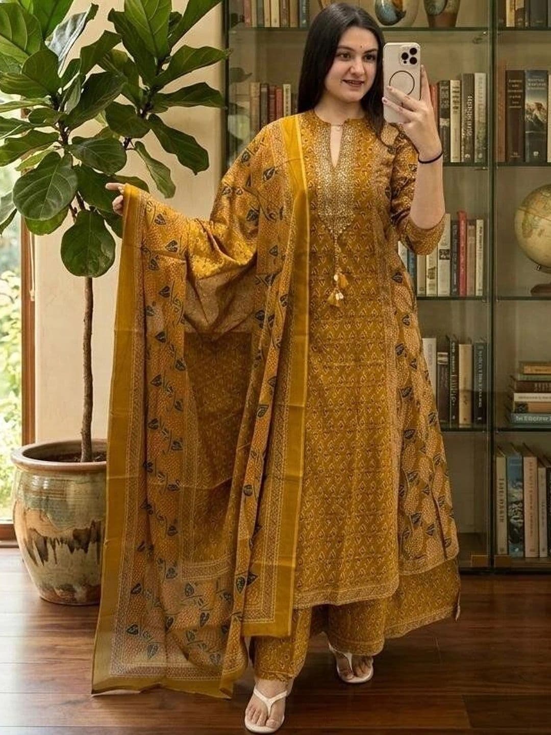 MILAAV Women Ethnic Motifs Printed Regular Thread Work Pure Cotton Kurta with Palazzos & With Dupatta thumbnail 4
