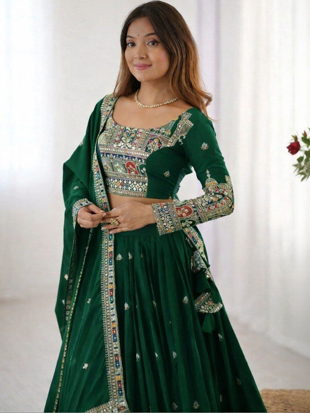 BLUSH STREET Embroidered Mirror Work Semi-Stitched Lehenga & Blouse With Dupatta thumbnail 3