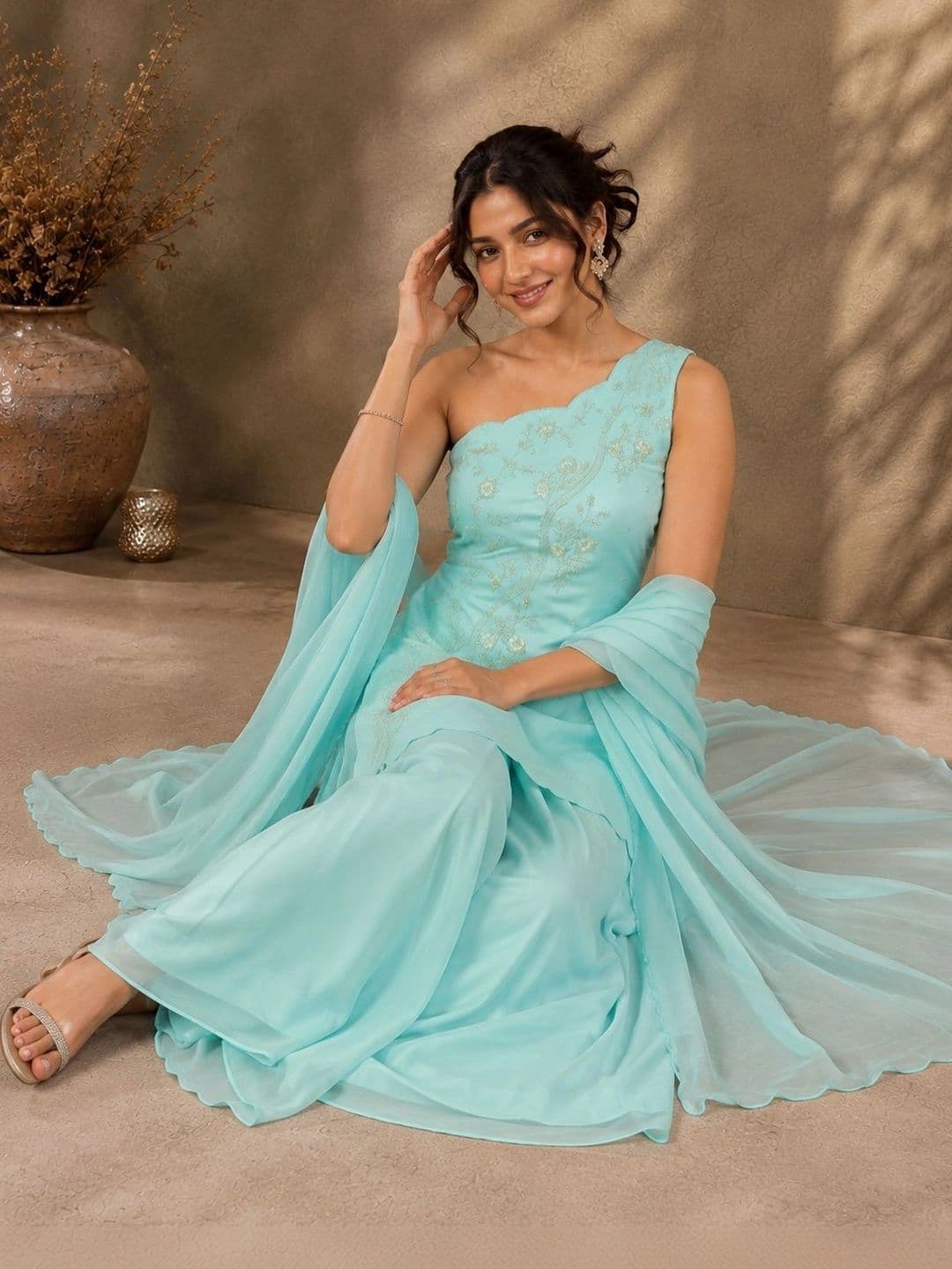HERE&NOW Women Ethnic Motifs Embroidered Regular Thread Work Silk Georgette Kurta with Sharara & With Dupatta thumbnail 6