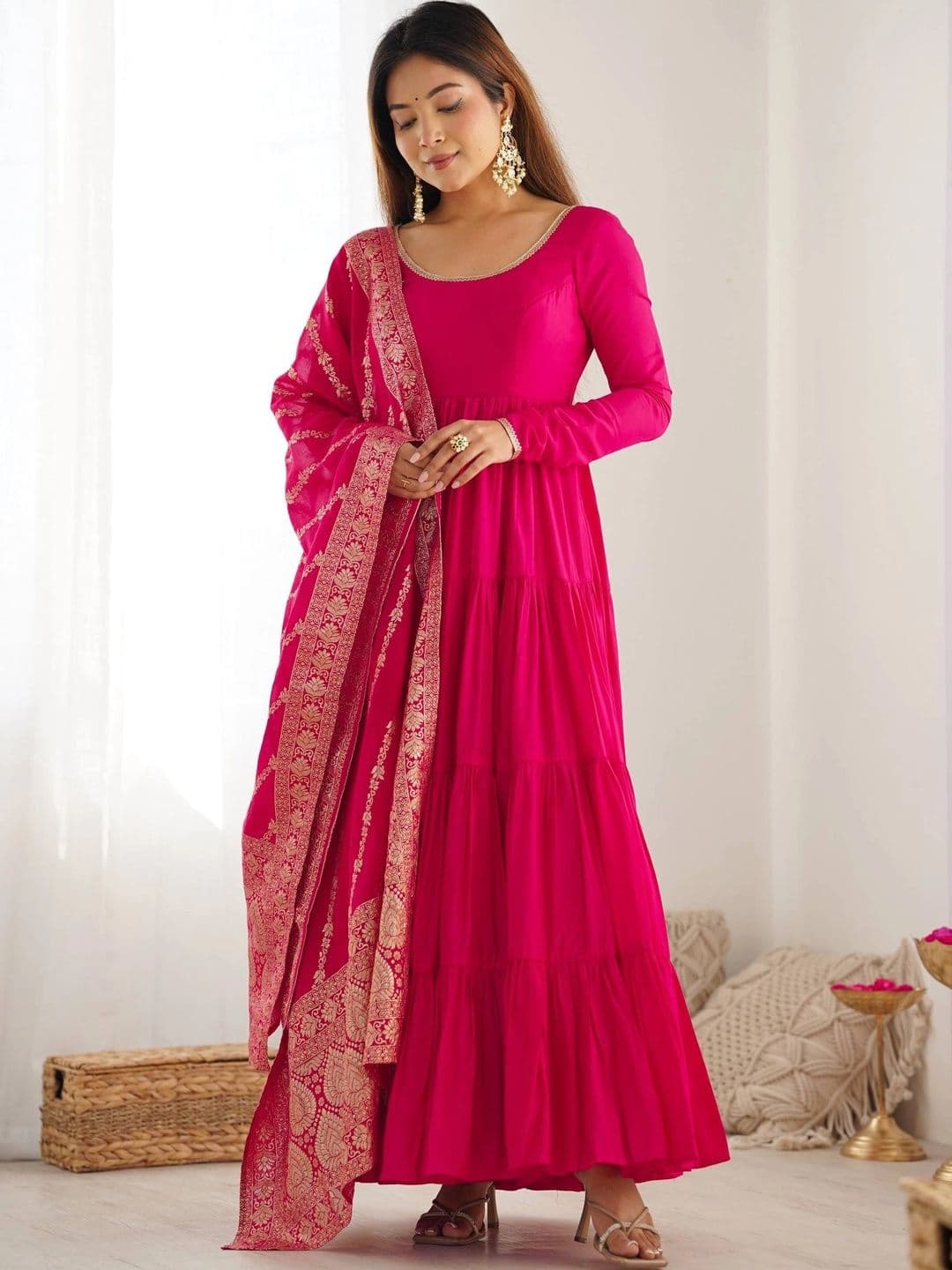 VASTRABELLA Women Tiered Chanderi Silk Kurta With Dupatta - view 1