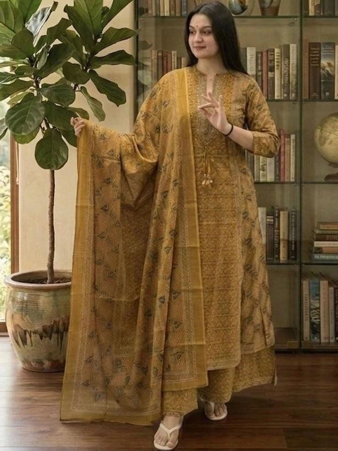 MILAAV Women Ethnic Motifs Printed Regular Thread Work Pure Cotton Kurta with Palazzos & With Dupatta - view 1