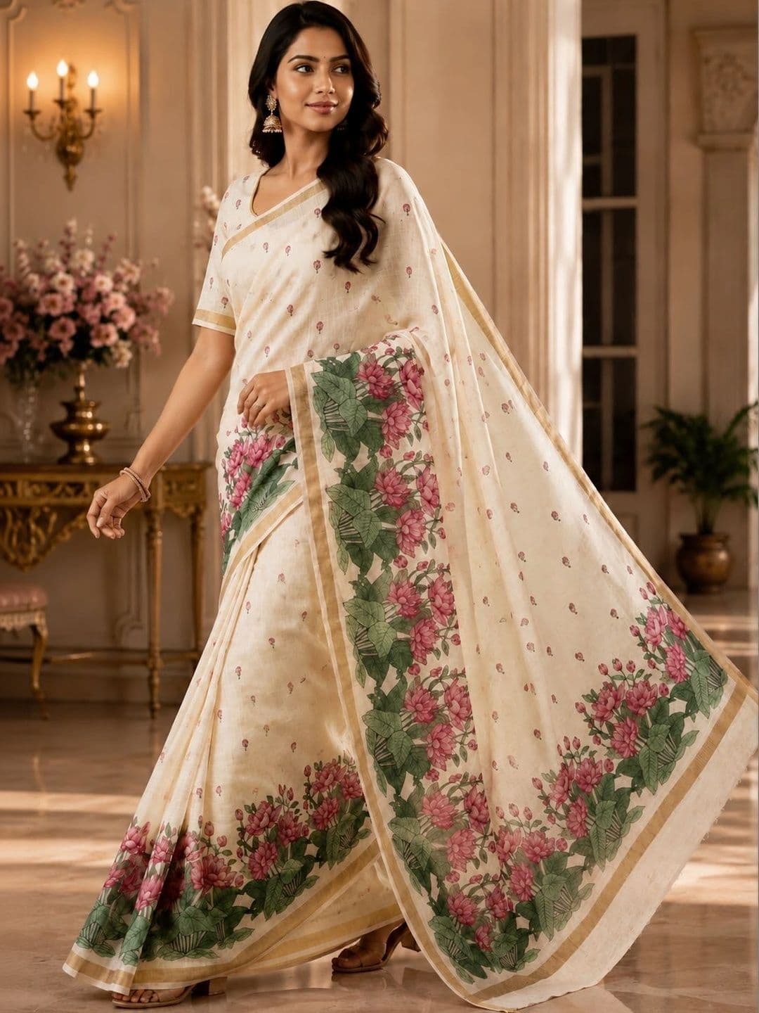 PMD Fashion Floral Pure Linen Handloom Saree thumbnail 3