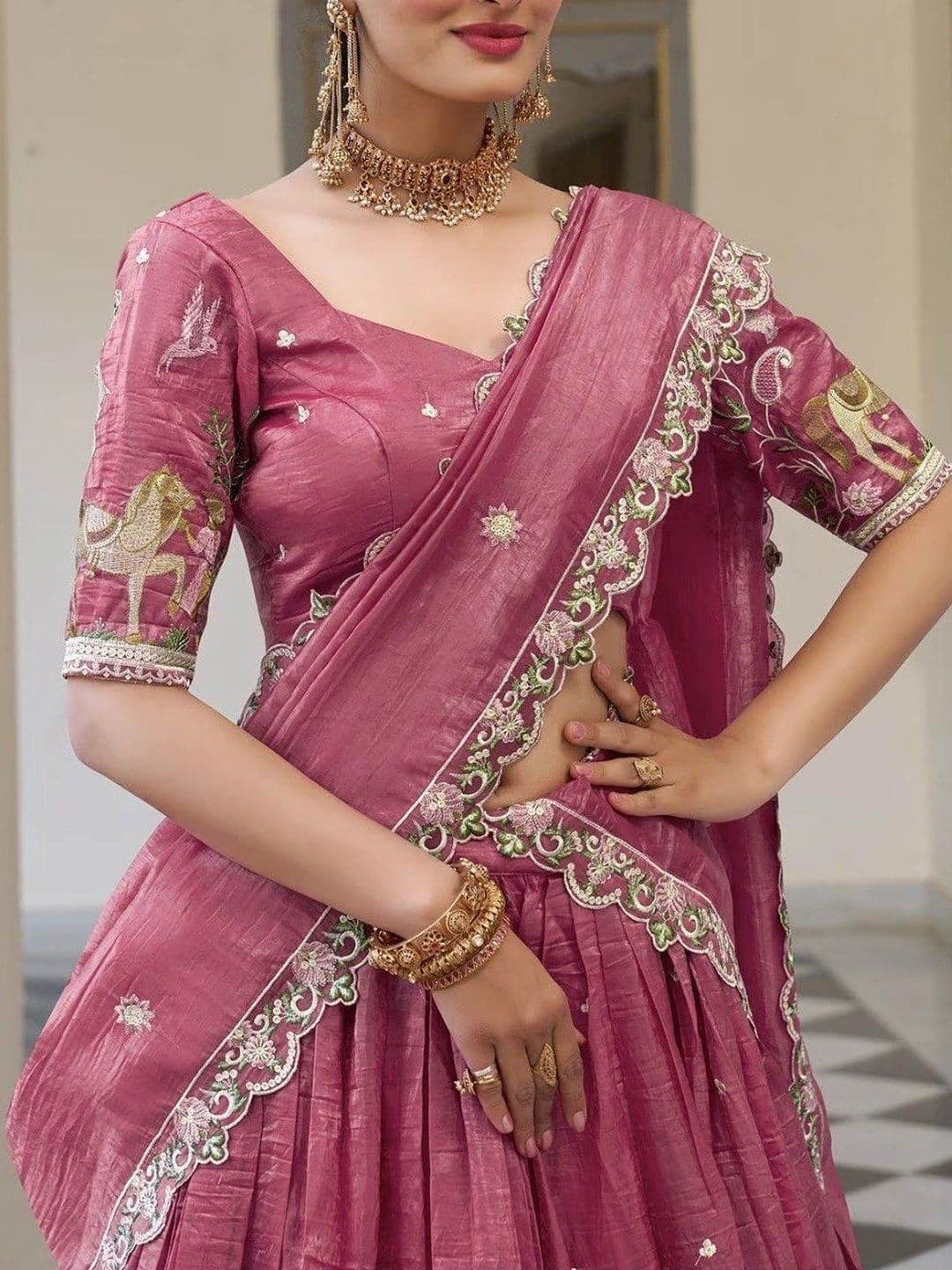 BLUSH STREET Embroidered Thread Work Semi-Stitched Lehenga & Blouse With Dupatta thumbnail 4