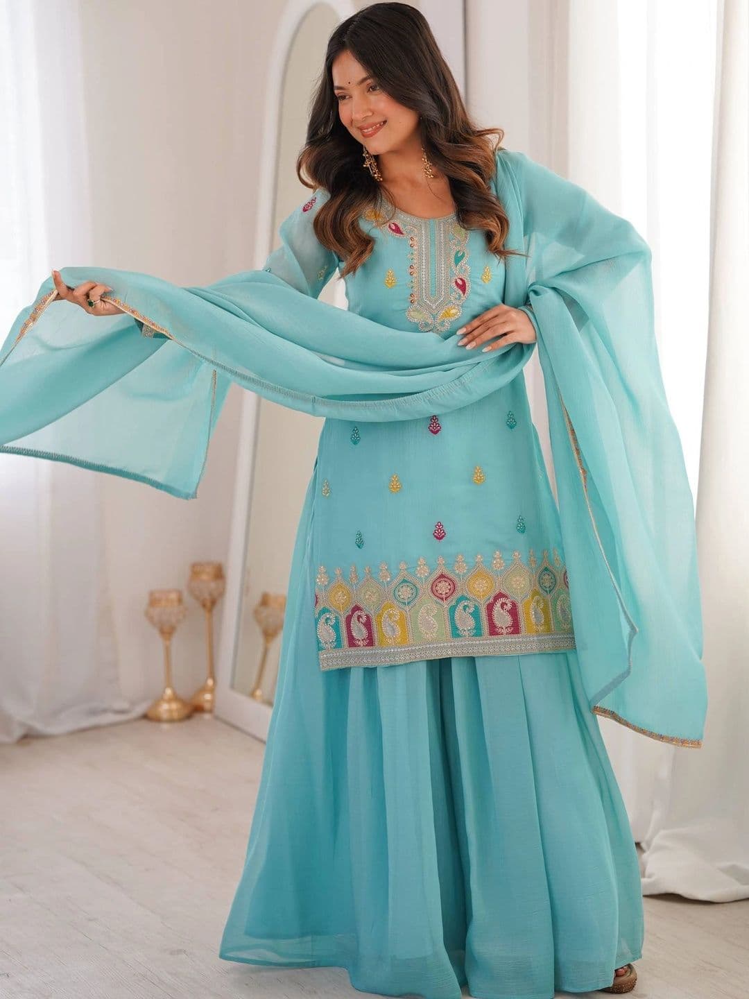 VASTRABELLA Women Ethnic Motifs Embroidered Regular Thread Work Kurta with Sharara & With Dupatta thumbnail 2