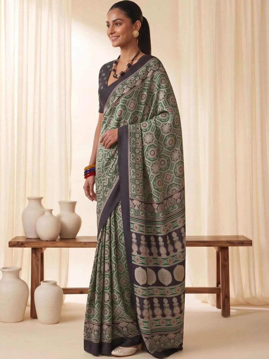 Saree mall Ajrak Block Poly Crepe Designer Block Print Sarees thumbnail 6