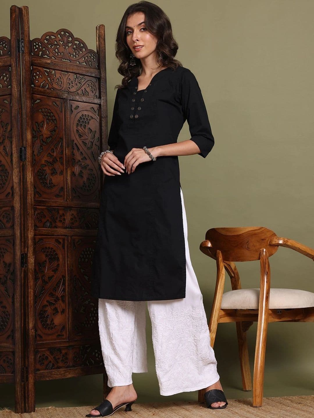 HERE&NOW Women's Chikankari Embroidered Wide-Leg Palazzos thumbnail 2