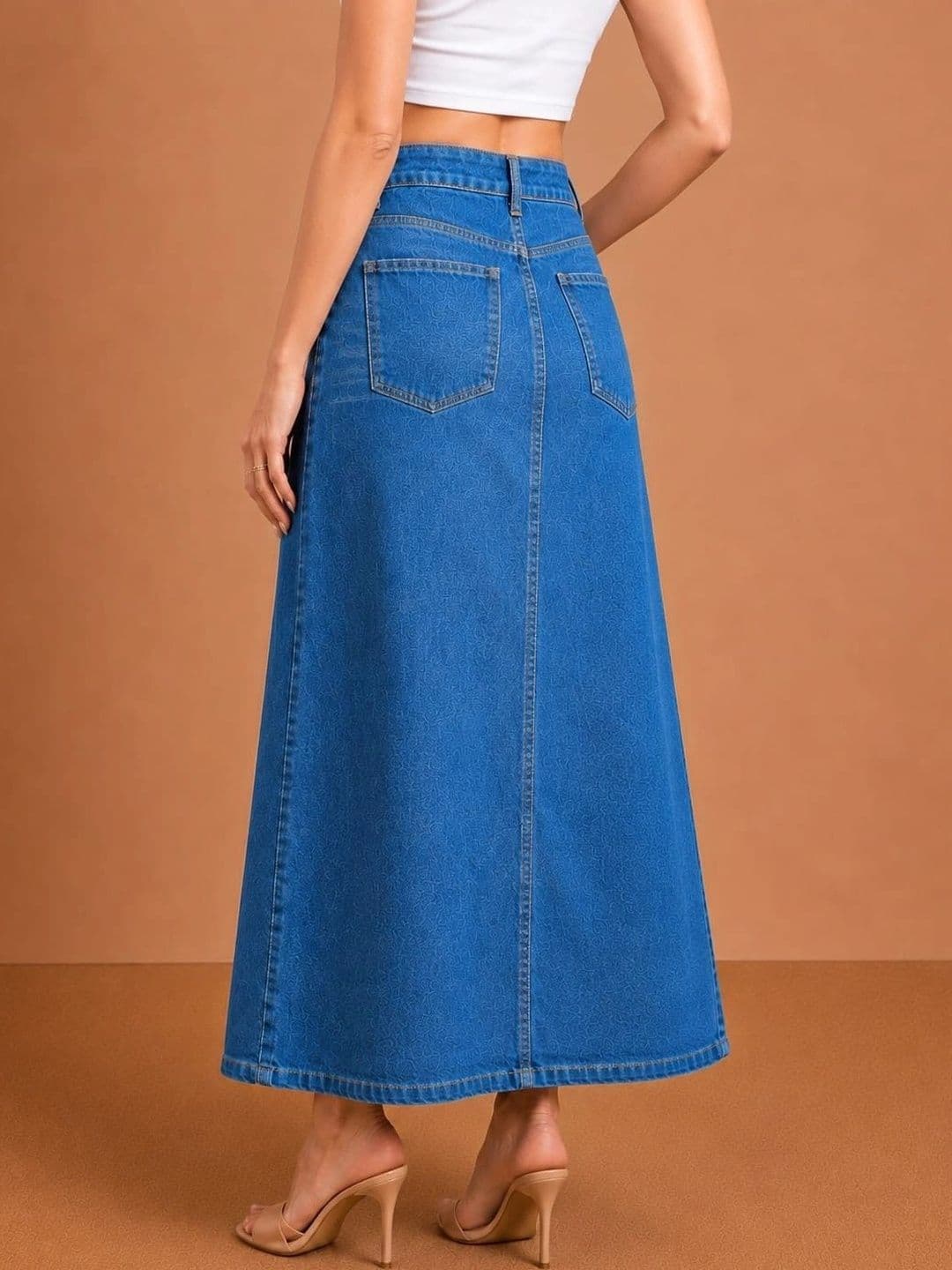 Mast & Harbour Women Denim Front Slit Maxi A-Line Skirt thumbnail 2