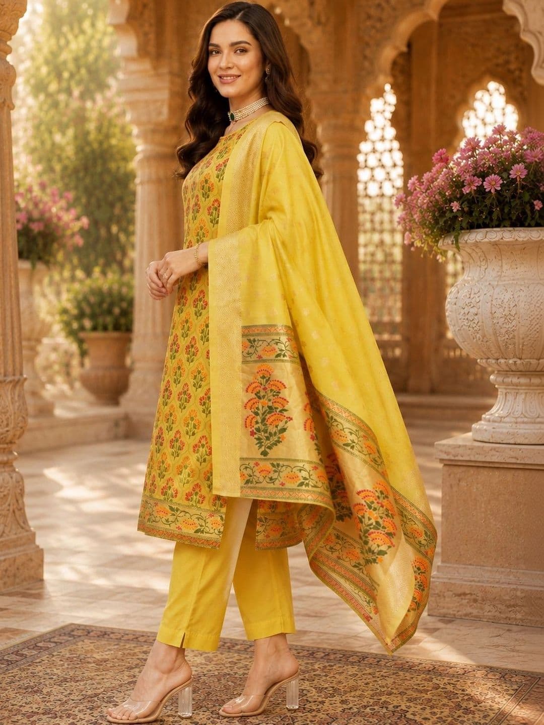 Mitera Women Ethnic Motifs Printed Regular Chanderi Cotton Kurta with Trousers & With Dupatta thumbnail 3