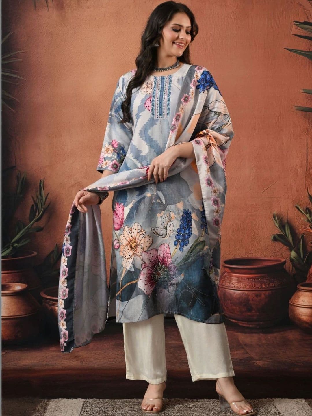 Encourage Women Floral Printed Regular Kurta with Trousers & With Dupatta thumbnail 2
