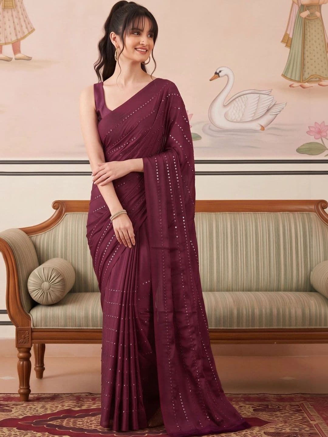 Saree mall Embellished Mirror Work Poly Georgette Designer Sarees thumbnail 6