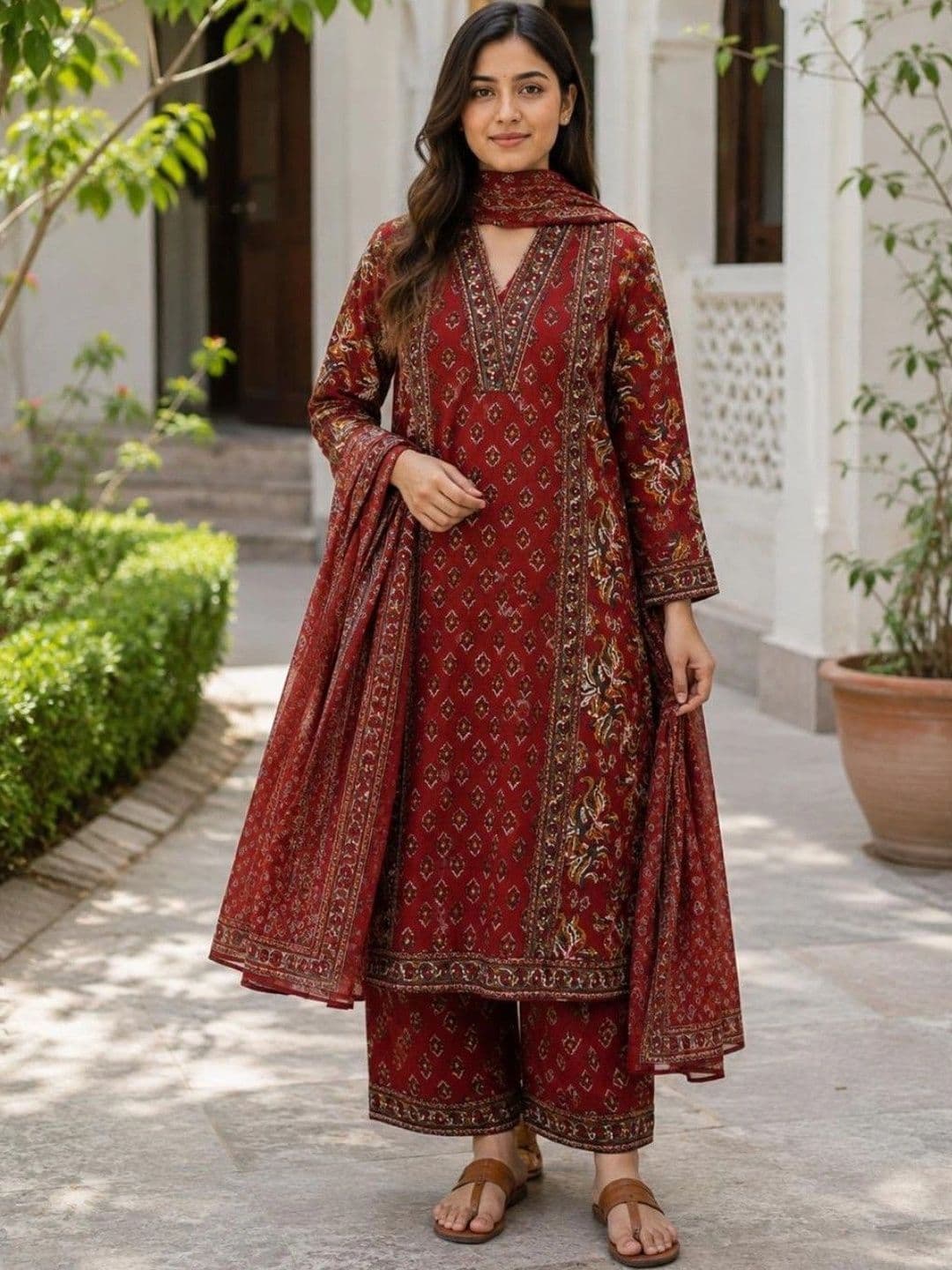 Ammanya Lifestyle Hub Women Ethnic Motifs Printed Regular Pure Cotton Kurta with Palazzos & With Dupatta - view 1