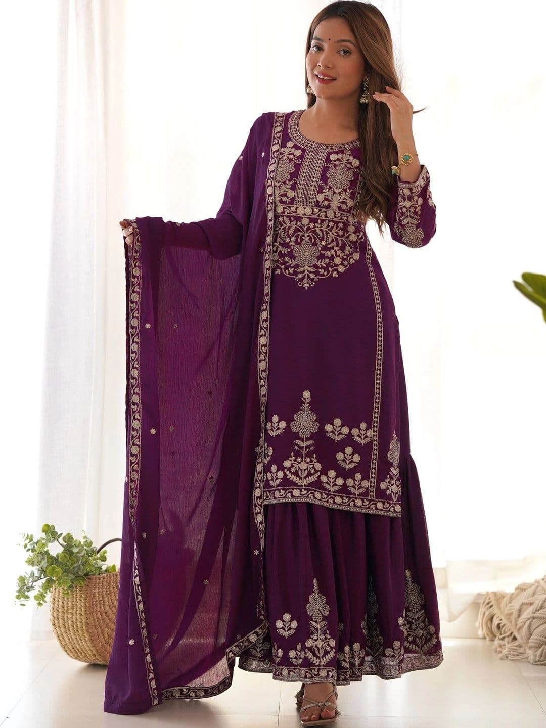 VASTRABELLA Women Ethnic Motifs Embroidered Regular Thread Work Kurta with Sharara & With Dupatta thumbnail 5