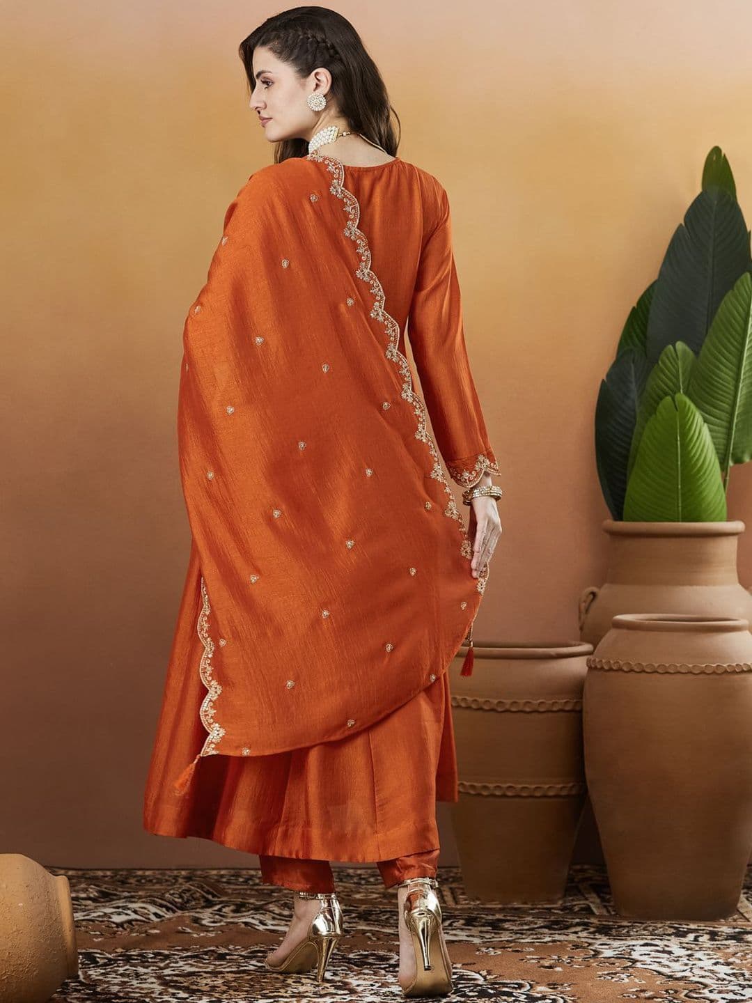 Colors  of Earth Colors of Earth Silk Embroidered Anarkali Kurta And Pant With Dupatta thumbnail 4