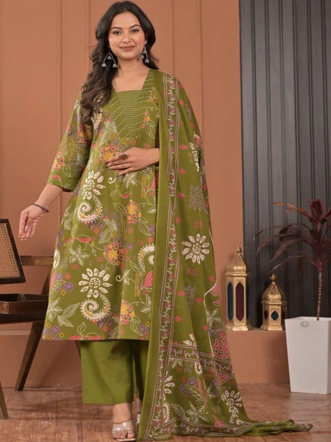 HERE&NOW Women Floral Printed Regular Pure Cotton Kurta with Palazzos & With Dupatta - view 1