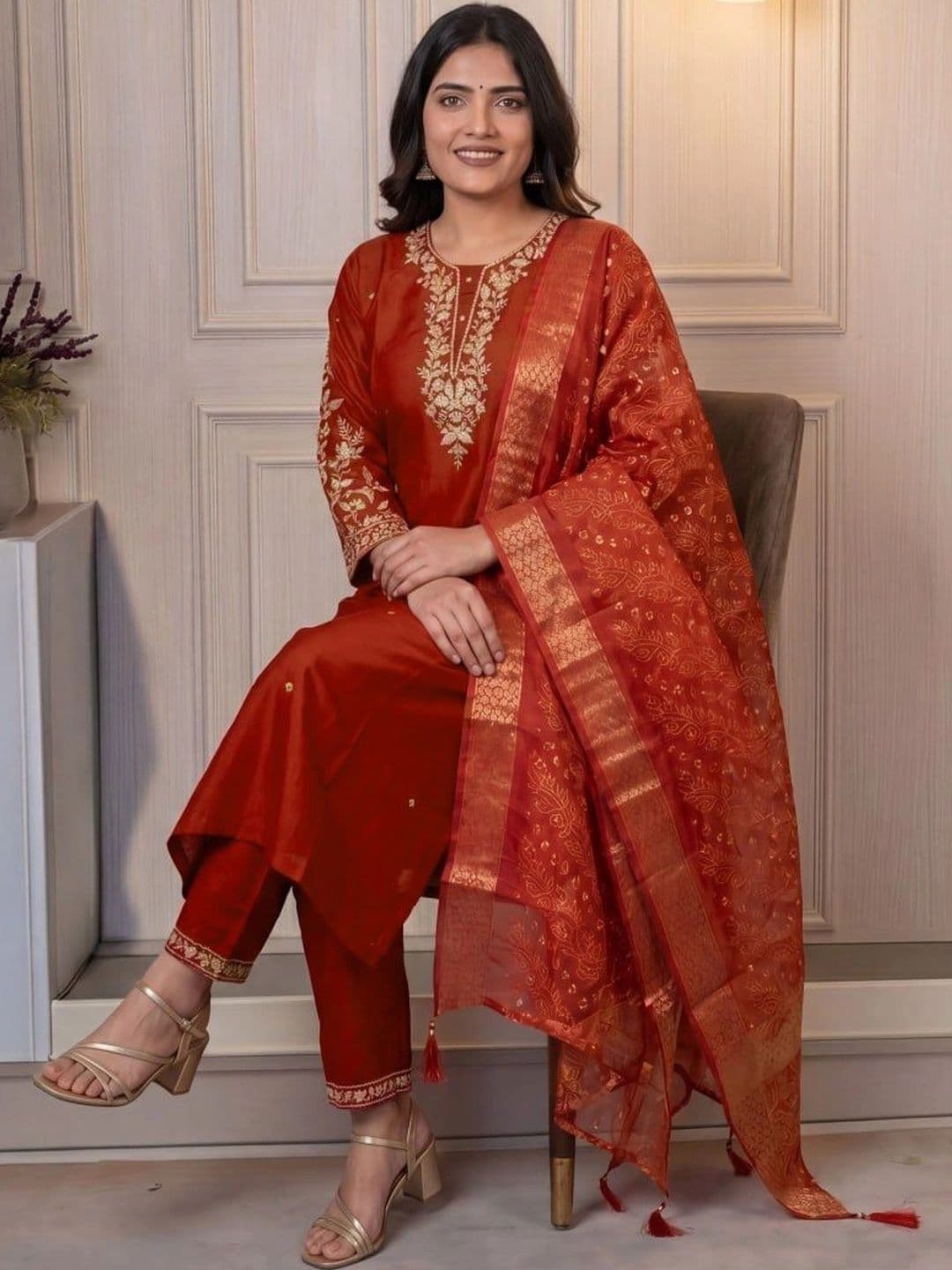 FIC FUSION CULTURE Women Ethnic Motifs Embroidered Regular Thread Work Kurta with Trousers & With Dupatta thumbnail 5