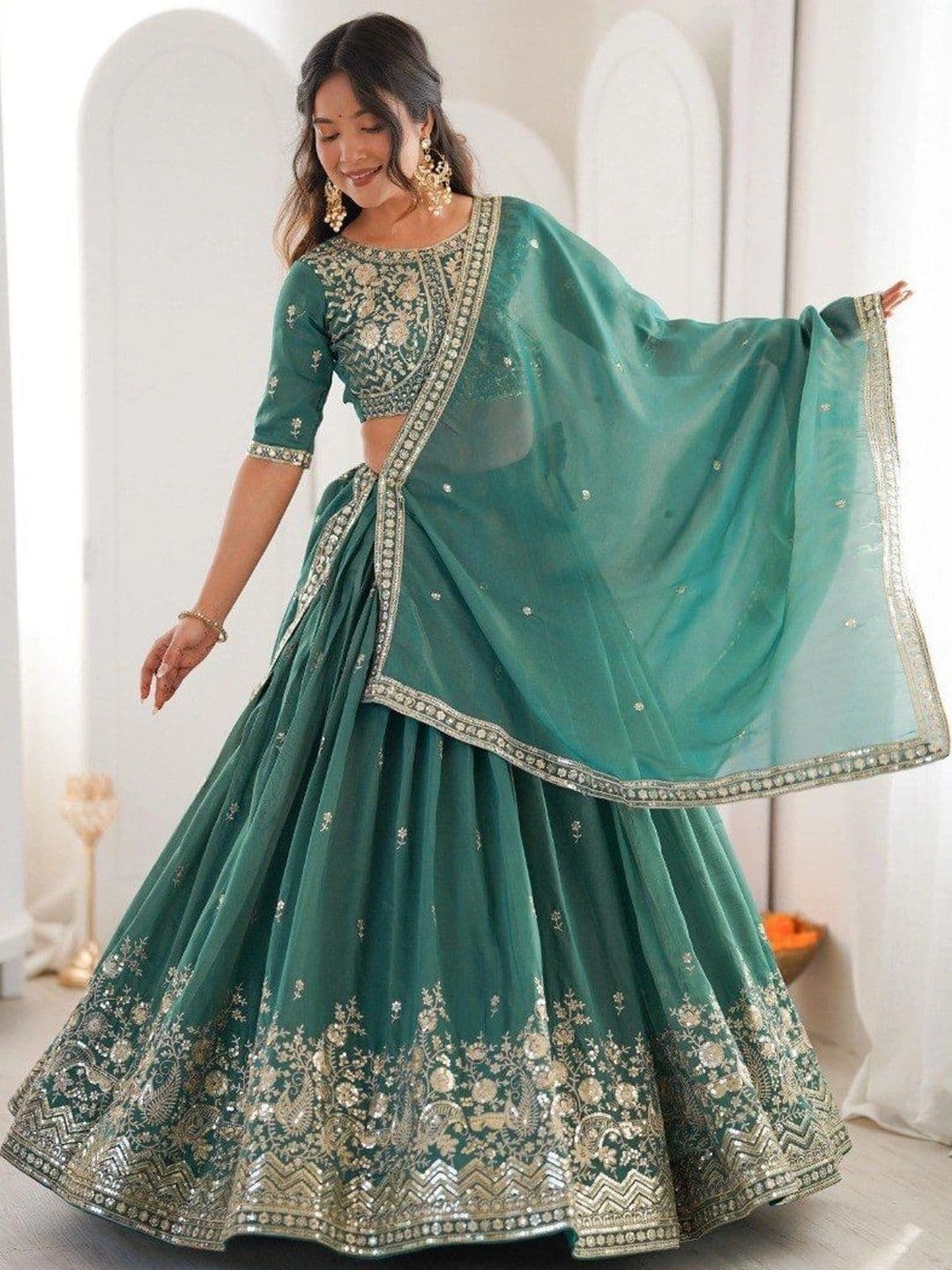 BLUSH STREET Embellished Sequinned Semi-Stitched Lehenga & Blouse With Dupatta - view 1